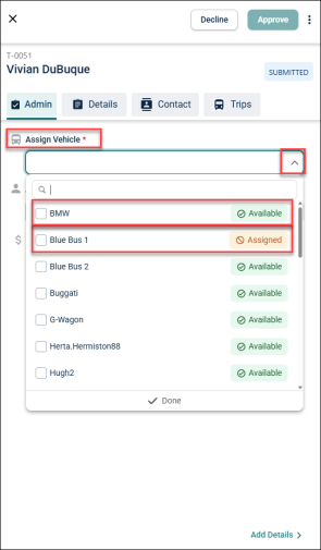 Assign Vehicle drop-down list